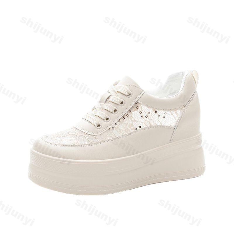 Fashion 2025 Spring Summer Women's Shoes New Height Increase Comfortable White Shoes Women High Heels Breathable Mesh Lace Casual Shoes