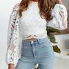 Ladies Tops with Zipper Sexy Hollow Design Long Sleeve Fashion Lace Blouses for Casual Wear