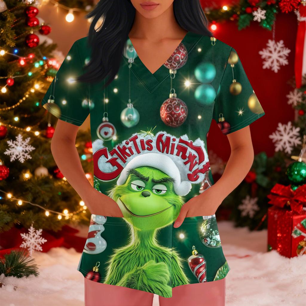 Women's Loose Short Sleeved Fashionable Tooth Pattern Printing V-neck Buttonable Side Slit Top T-shirt