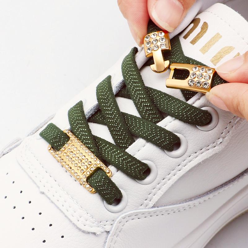 Gold Diamond buckle Shoelaces without ties Elastic Laces Sneakers Tennis No Tie Shoe laces Flat Shoelace for Shoes accessories