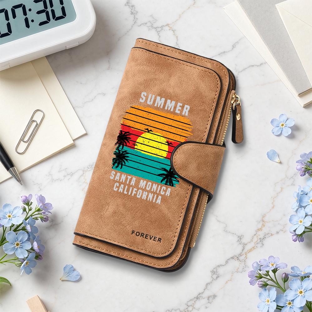 Women Retro Summer Sunset Pattern Long Wallet Large Capacity Card Holder Purse