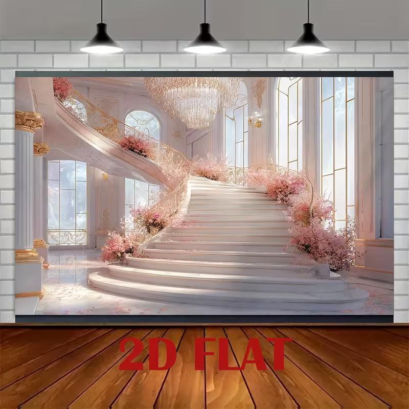 2D Fairytale Pink Staircase Backdrop 2D Flat Print Grand Palace Hall Background for Wedding Events