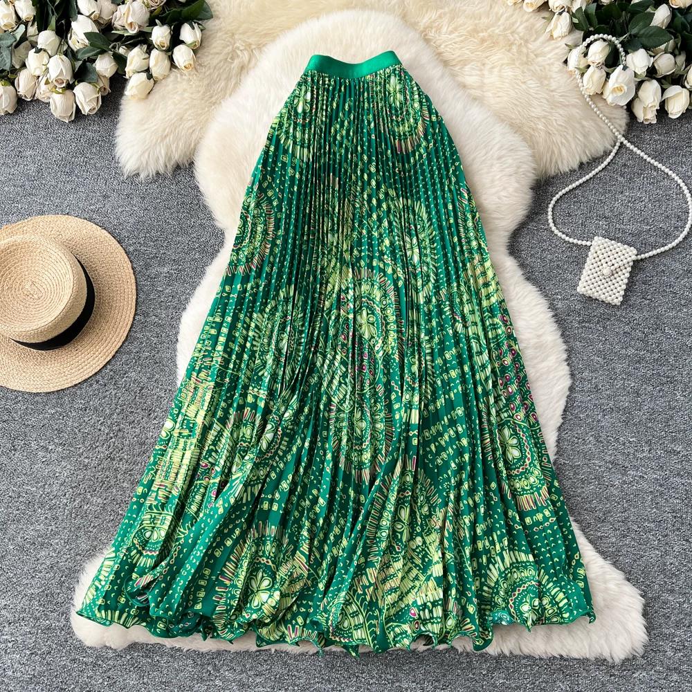 Spring Summer Women Elegant Print Elastic Waist Long Maxi Holiday Beach Pleated Skirt Only Have One Size