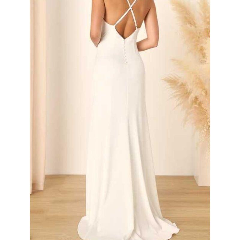 Export Single New Spaghetti Straps Slimming Satin Simple Lightweight Wedding Dress Dress Skirt White Long Style Pile Collar Dress Women