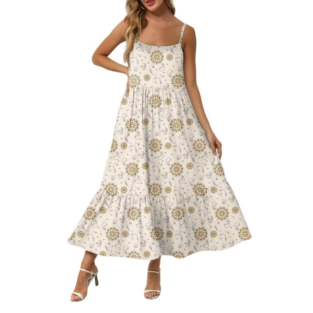 Kvinners Lang Strand Casual Elegant Spaghettistropp Maxi Kjole Søm Lavmælt Flytende Bohemsk Kjole