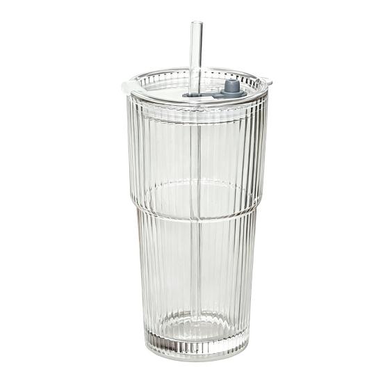 Ribbed Glass Tumbler with Lid And Straw, 560ml Capacity Iced Coffee Cup, Reusable Cold Drink Glass for Home, Travel Cup Fits Car Holder