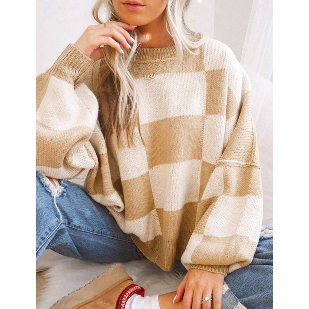 Women's Crew Neck Long Sleeve Knit Top Loose Fit Lazy Casual Sweater Color Block Plaid Pullover Knitwear