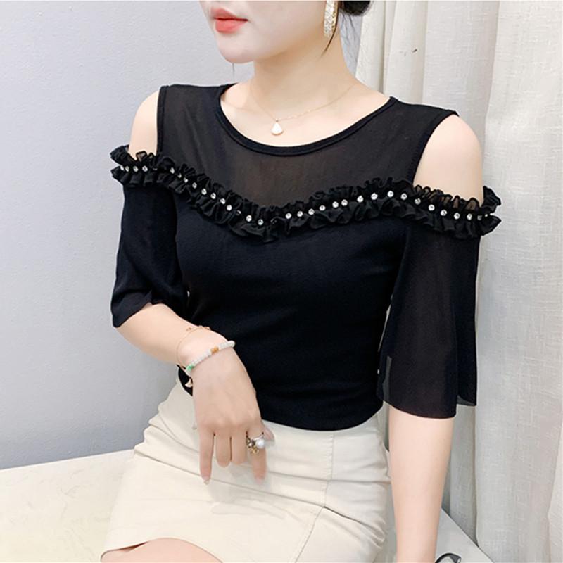 

Модная женская летняя футболка Шикарные оборки Горячие бриллианты Топы с открытыми плечами Рубашки Сексуальный О-образный вырез Эластичная приталенная сетчатая женская футболка XL чёрный