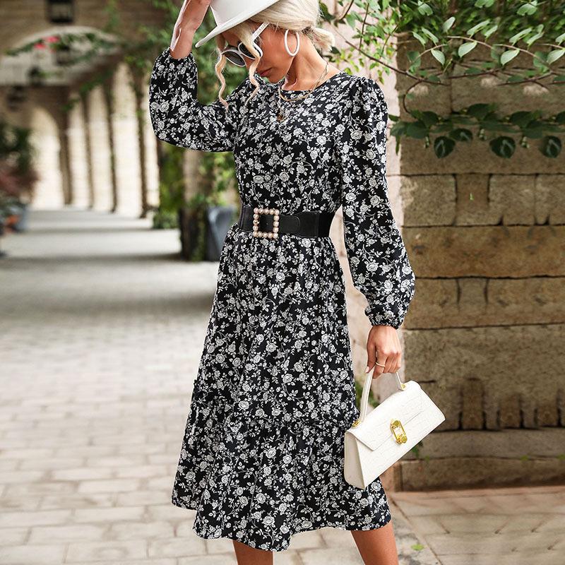 European and American fashionable long-sleeved black floral dress for autumn and winter