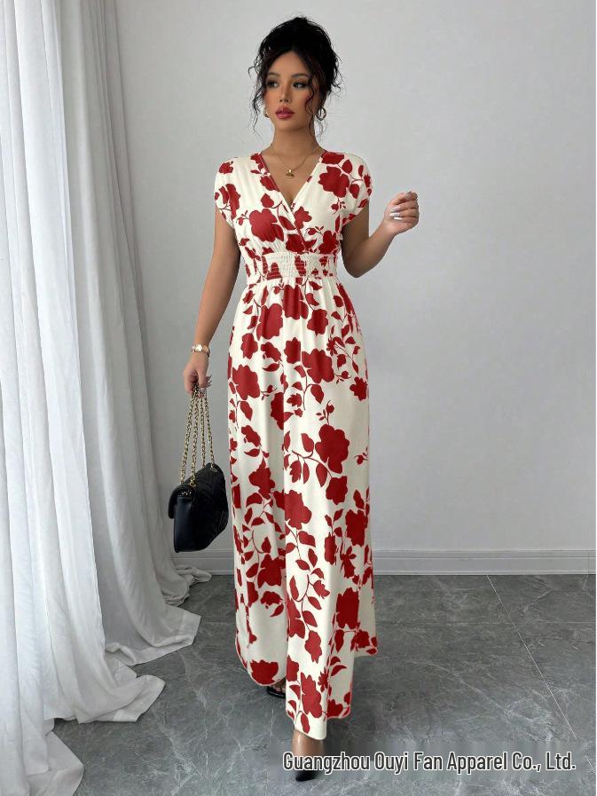 

Floral V-Neck Cinched Waist Vacation Maxi Dress for Women Extra Large красный