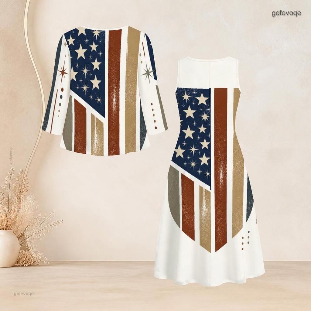 Women Plus Size Two Piece Dress Set Three Quarter Sleeve Eagle Star Striped Printed Long Dress