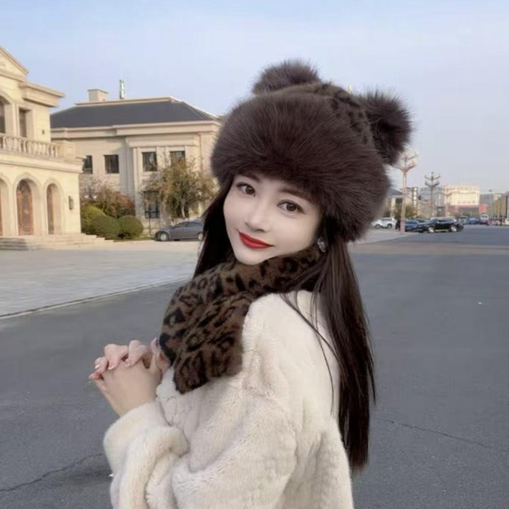With Ear Lovely Women's Cap Leopard Print Warm Fluffy Faux Fur Bucket Hat Ear Protection Cap