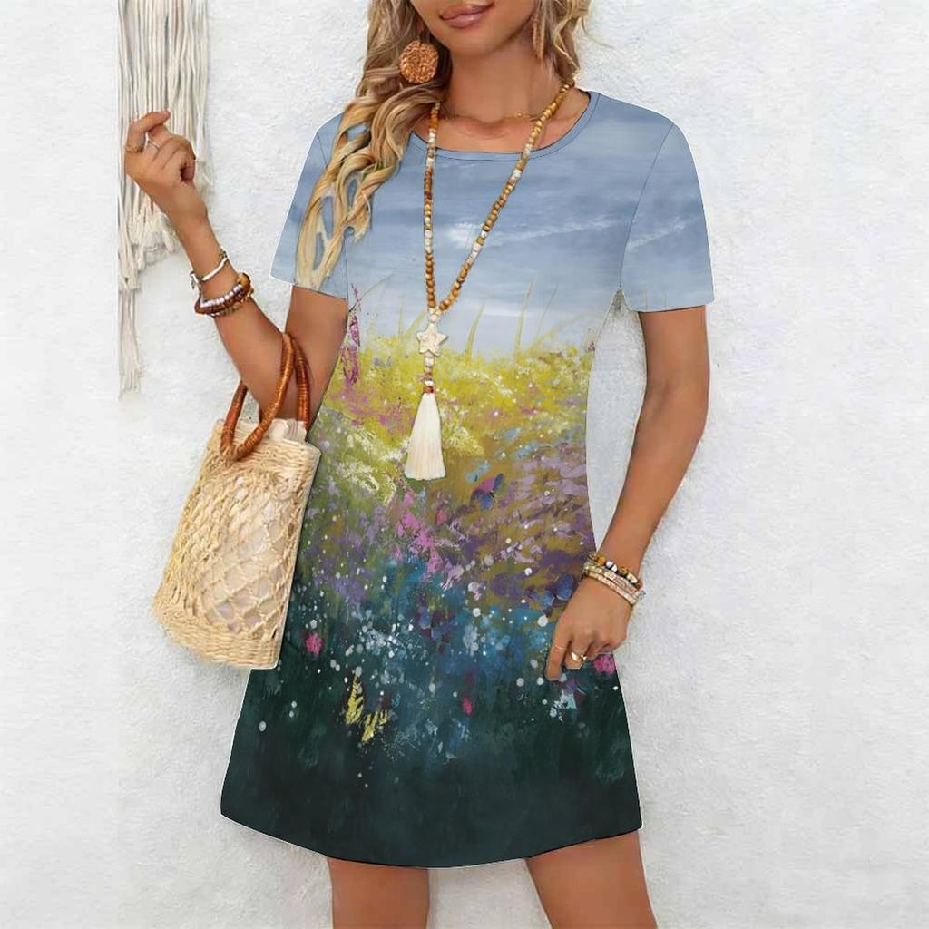 Women's Fashion Graceful Beautiful Flowers and Grass Print Summer Spring Short Sleeve O-Neck Casual Dresses