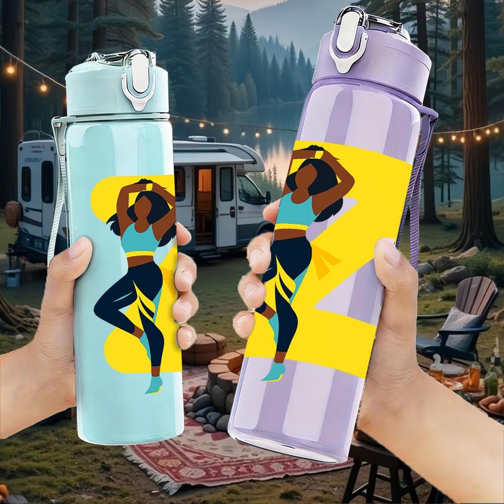 1PC Dancing Girl Pattern 750ml Color Plastic Sports Water Bottle Leakproof Flip Straw Lid Suitable for Sports Office Home Use