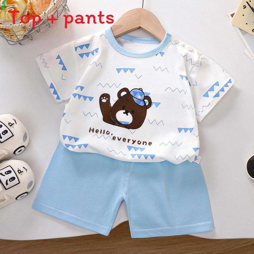 Kids Short Sleeve Cotton Set With Cartoon Pattern For Summer Play
