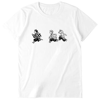 Japanese Anime Demon Slayer Peripheral Threesome Pattern Print Pure Cotton Heavy Short Sleeve Pattern Black White Line Drawing
