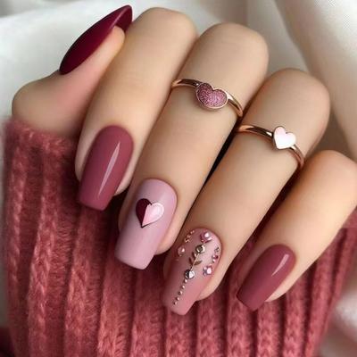 24 Pieces Simple Nail Patch Removable Nail Simple Love Fake Nail Solid Color Wear Nail  Patch Diamond