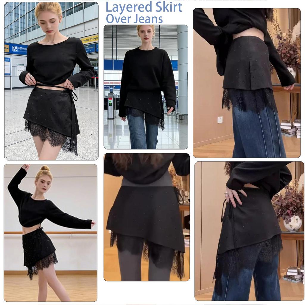 Rhinestone Lace Hem Skirt Extender, Irregular Wrap Waist Apron for Jeans