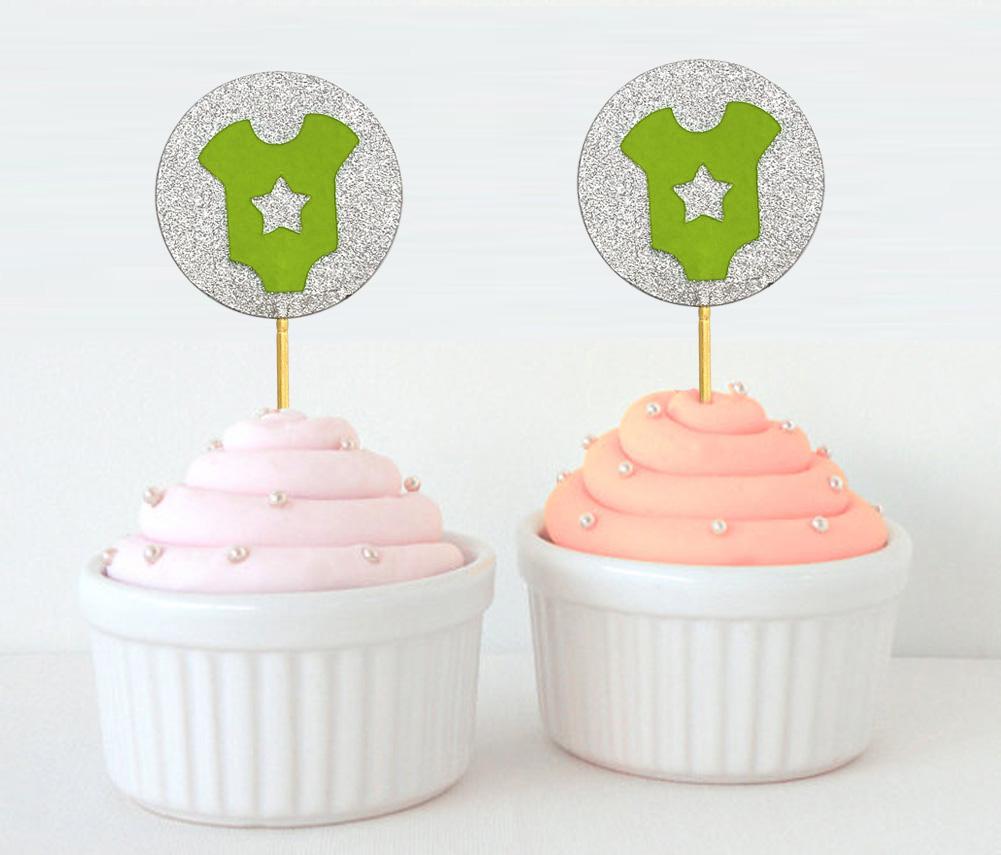 Darling Souvenir, Glitter Baby T-Shirt Baby Shower Cupcake Toppers, Dessert Decorations