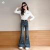 2026 Autumn Girls' Embroidered Rhinestone Denim Retro Micro-Flare Pants for Middle & Big Kids