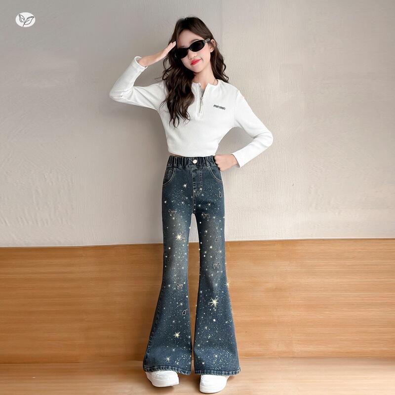 2026 Autumn Girls' Embroidered Rhinestone Denim Retro Micro-Flare Pants for Middle & Big Kids