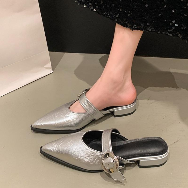 Fashion 2025 NEW Summer Women Mules Genuine Women Shoes Round Toe Low Heel Shoes Cover Toe Slingback Sandals Modern Slippers