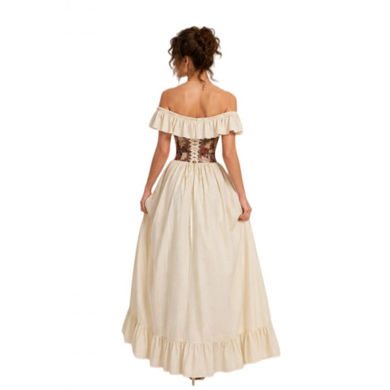 French ruffle edge waist embroidered long dress halloween cos dress medieval retro dress cosplay