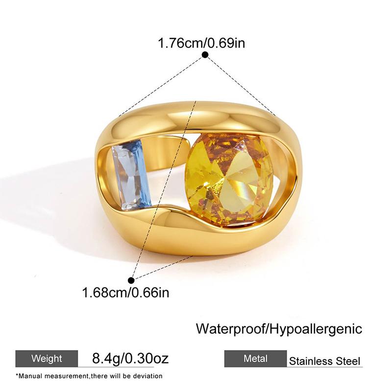 Stainless Steel Colorful Zircon Open Finger Ring for Women Luxury Square Round Crystal Gold Color Rings Daily Fashion Jewelry