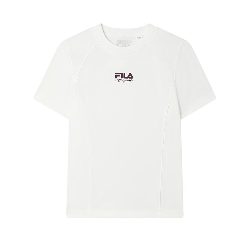 FILA Original Casual Versatile Knitted Short Sleeve T-Shirt Women Tops Cloud-Mushroom-White F11W519103FWT