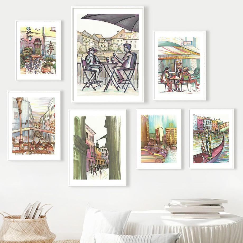 Handgezeichnete Stadtlandschaft Venedig Lyon Adria Wand Kunstdruck Leinwand Malerei Nordic Poster Home Decor Bilder für Wohnzimmer