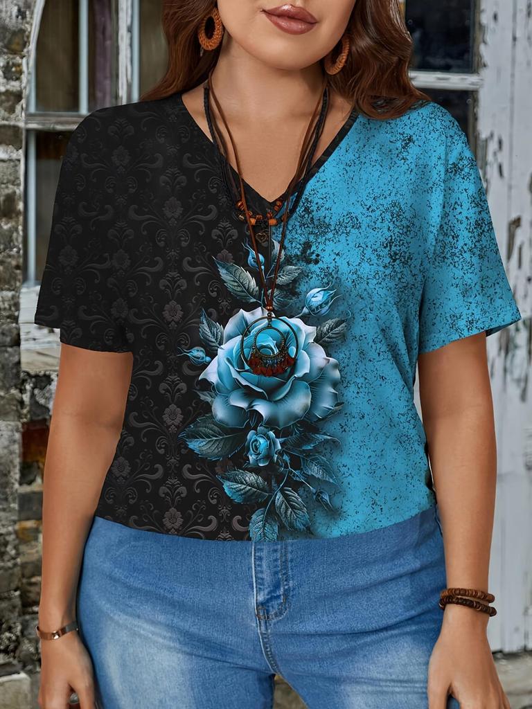 Damen Übergröße Floral V-Ausschnitt Kurzarm Pullover (2025)