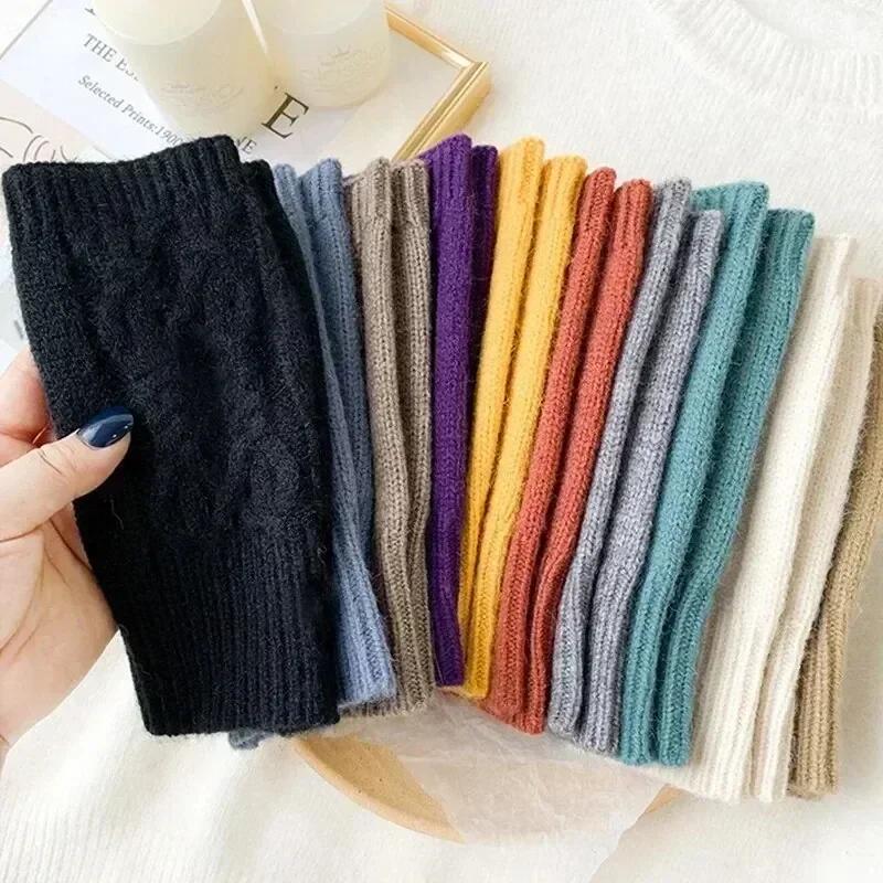 Winter Half Finger Gloves Knitted Fingerless Mittens Warm Cuff With Thumb Hole Stretchy Short Hand Warmer For Men Women Amagi