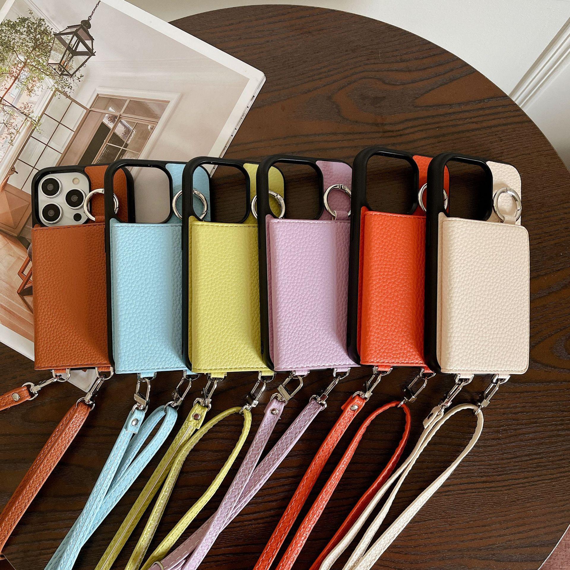 

Japanese And Korean Card Bag Suitable For IPhone 15 Phone Case 14 Promax Lychee Pattern All Inclusive Hanging Rope Phone Case 12 iPhone14pro max амарантовий