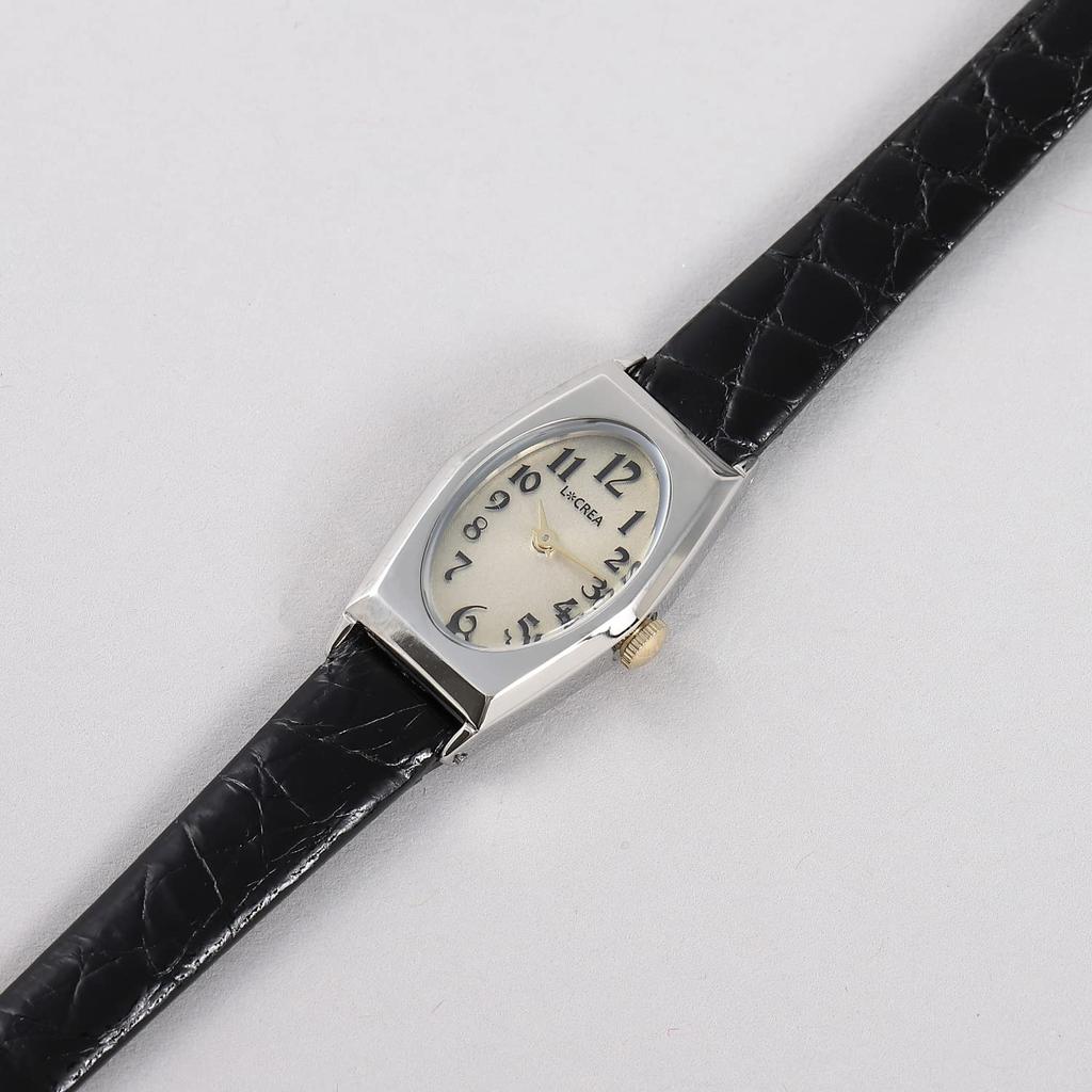 LCREA LC2003-SS Solar Watch for Women, Made in Japan (OVALE/Silver, Genuine Crocodile Leather Strap/LC2003-SSCBK)