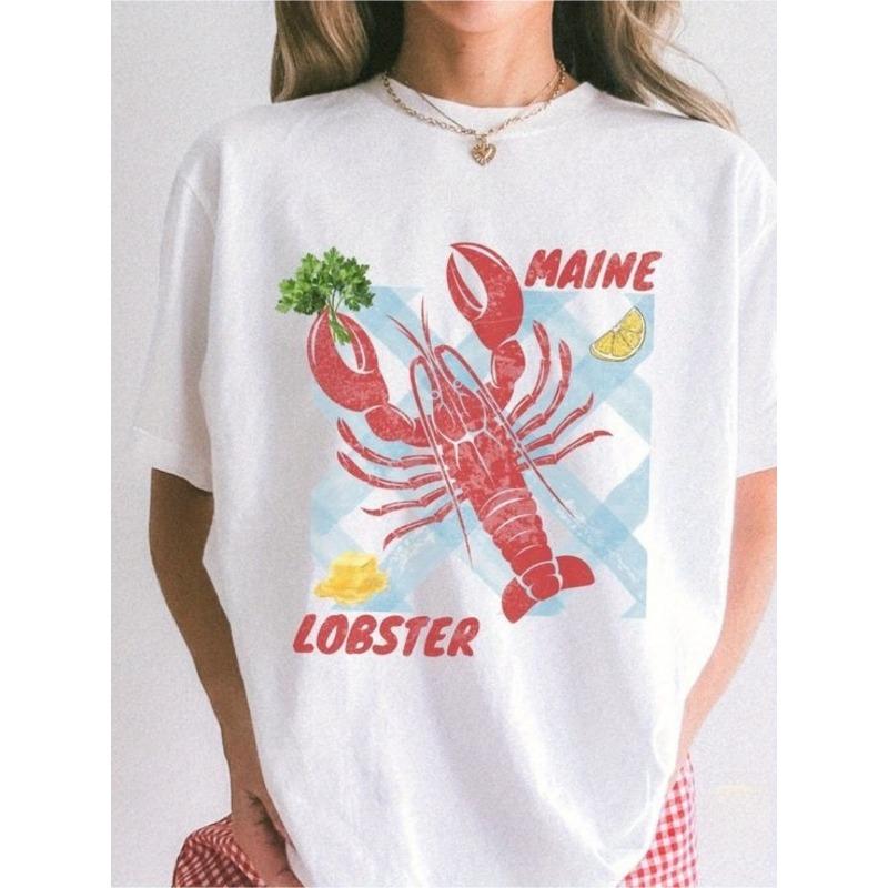 Wo Maine Lobster Graphic Print Drop Shoulder T-Shirt - Short Sleeve Crew Neck Casual Top with Vibrant Cartoon Lobster Design, Medium Stretch, S