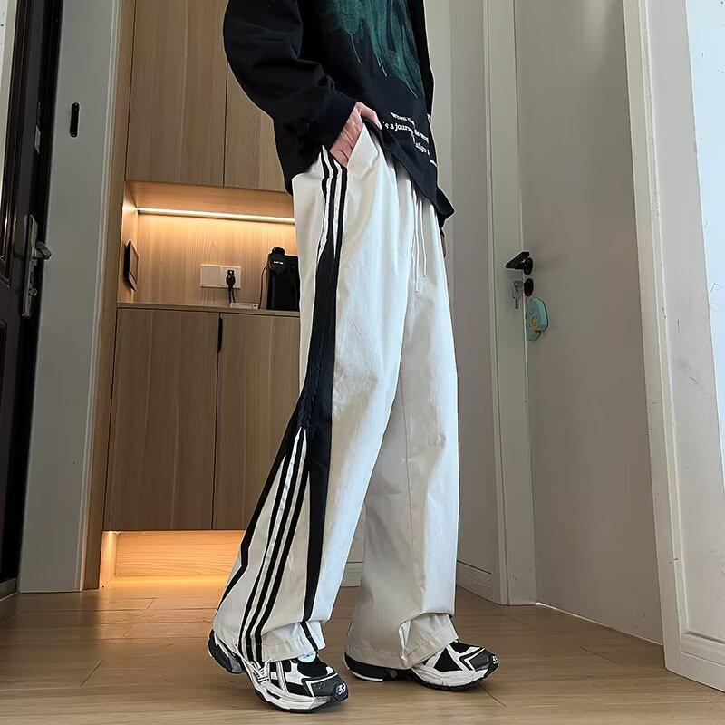 2025 Men's Loose Straight-Leg Casual Trousers - American Street Style with Three Stripes for Spring/Autumn