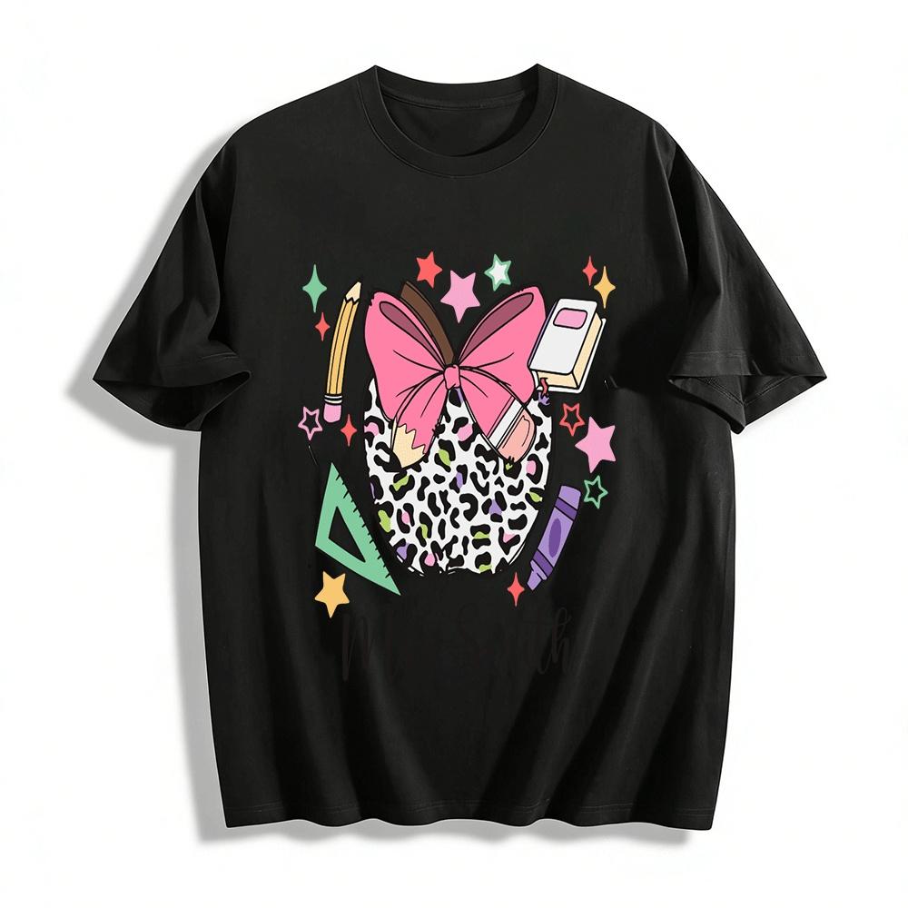 Leopard Apple Bow Custom Print Teacher Casual Top Pure cotton T-shirt XXS