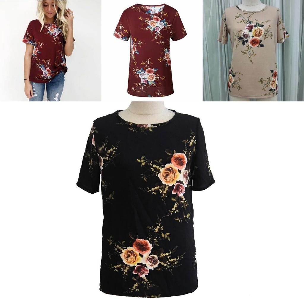 Elegant Summer Women Blouse Floral Print Short Sleeve Loose Casual T-shirt Tops