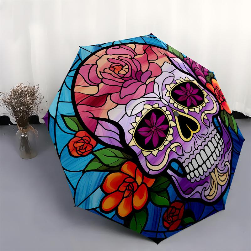Day of the Dead Sugar Skull Stained Wall Art DecorUmbrella, Portable 3-Fold Compact Umbrella for Men & Women Gift
