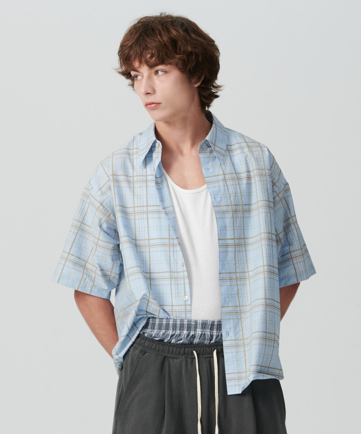 Beyond Closet [Collection Line] Lux Fabric Check Short Sleeve Shirt Sky Blue Sky Blue/Large (100-105)