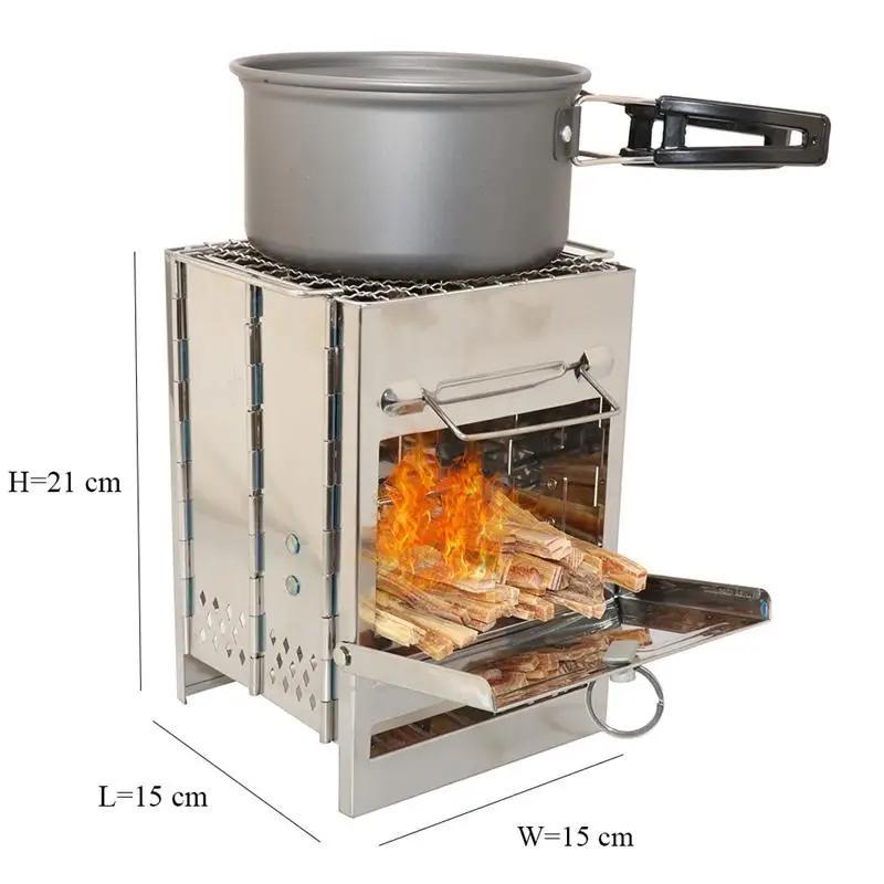 1 Pcs Mini Outdoor Firewood Stove Camping Cooking Picnic Travel Stainless Steel Square Wood Stove Charcoal Folding Grill BBQ