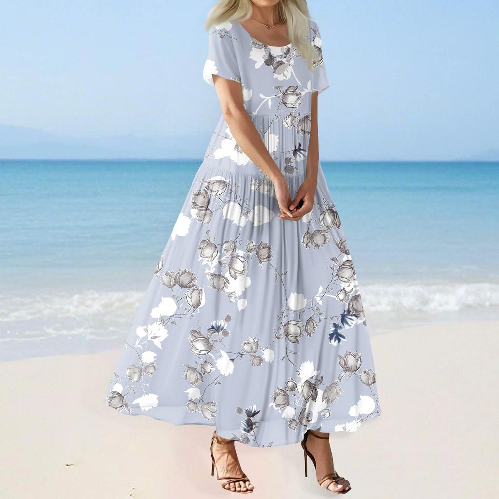 Women's Summer Casual Floral Print Short Sleeve O Neck High Waist A Line Tiered Flowy Boho Maxi Dress