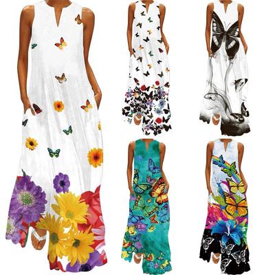 Women's Summer 2024 V-neck Sleeveless Maxi Dress with Pocket, Digital Print, European and American Style, Sizes S-5XL.