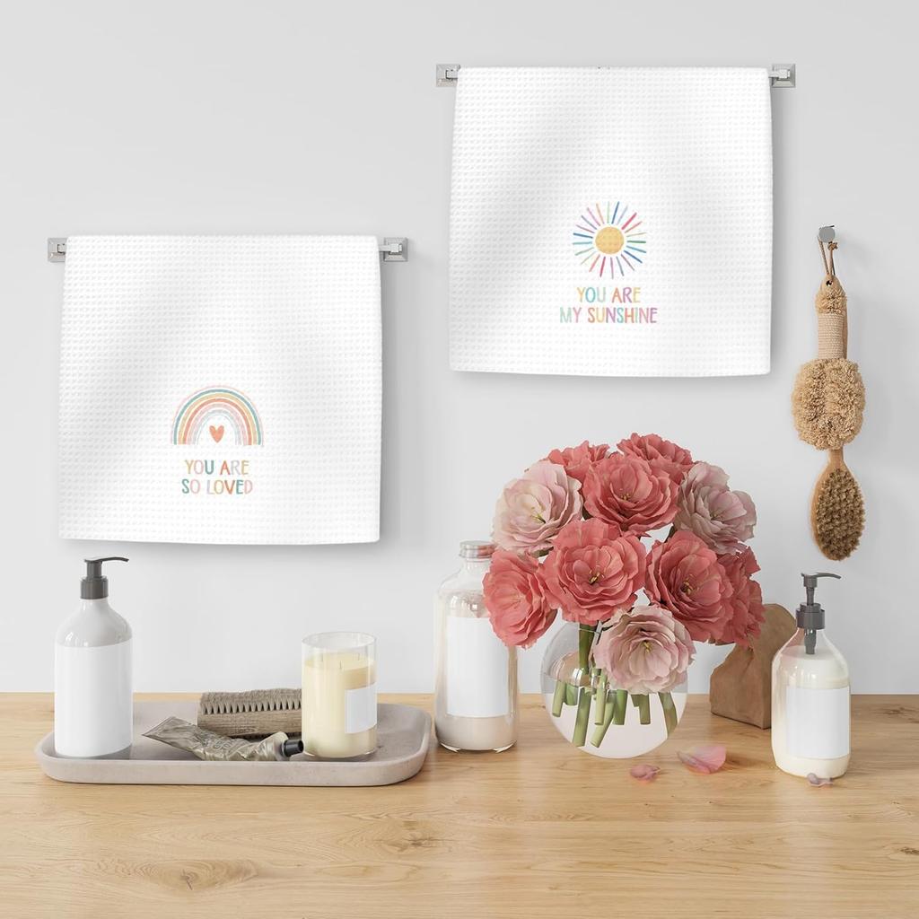 Boho Rainbow Kids Hand Towels Set of 2 - Kids Bathroom Decor Hand Towels, You are My Sunshine Dish Tea Towel for Nursery Kitchen Bathroom, Rainbow