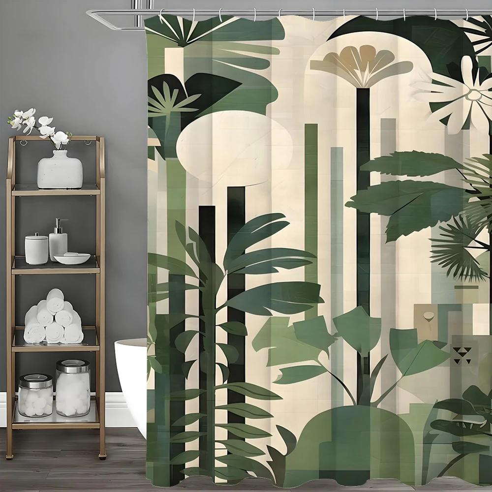 Green Plant Shower Curtain, Bathroom Decorative Shower Curtain, Waterproof Shower Curtain with Hooks