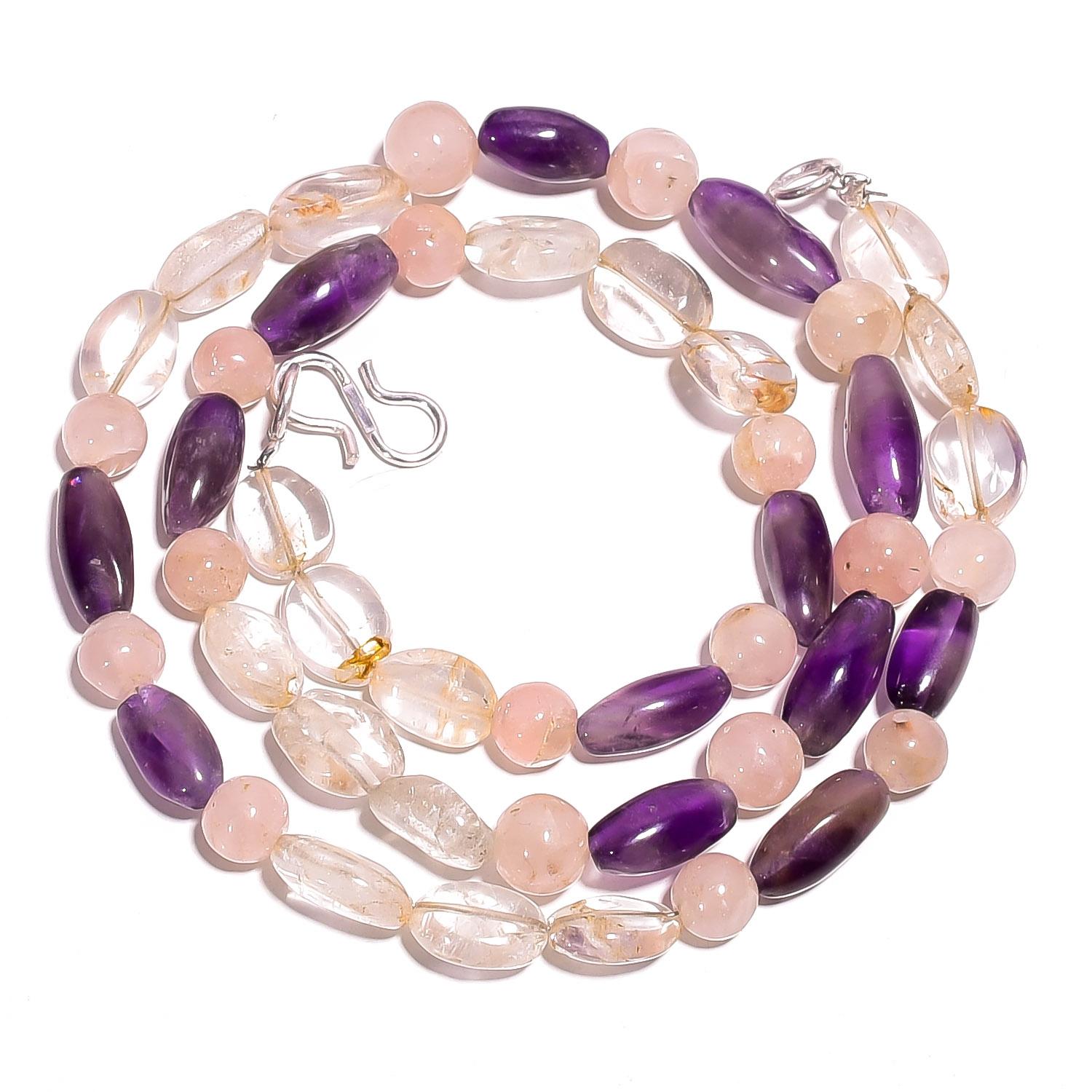 

Natural Amethyst Rose Quartz Crystal Gemstone Smooth Beads Necklace 17 UB-3035 UB-3035