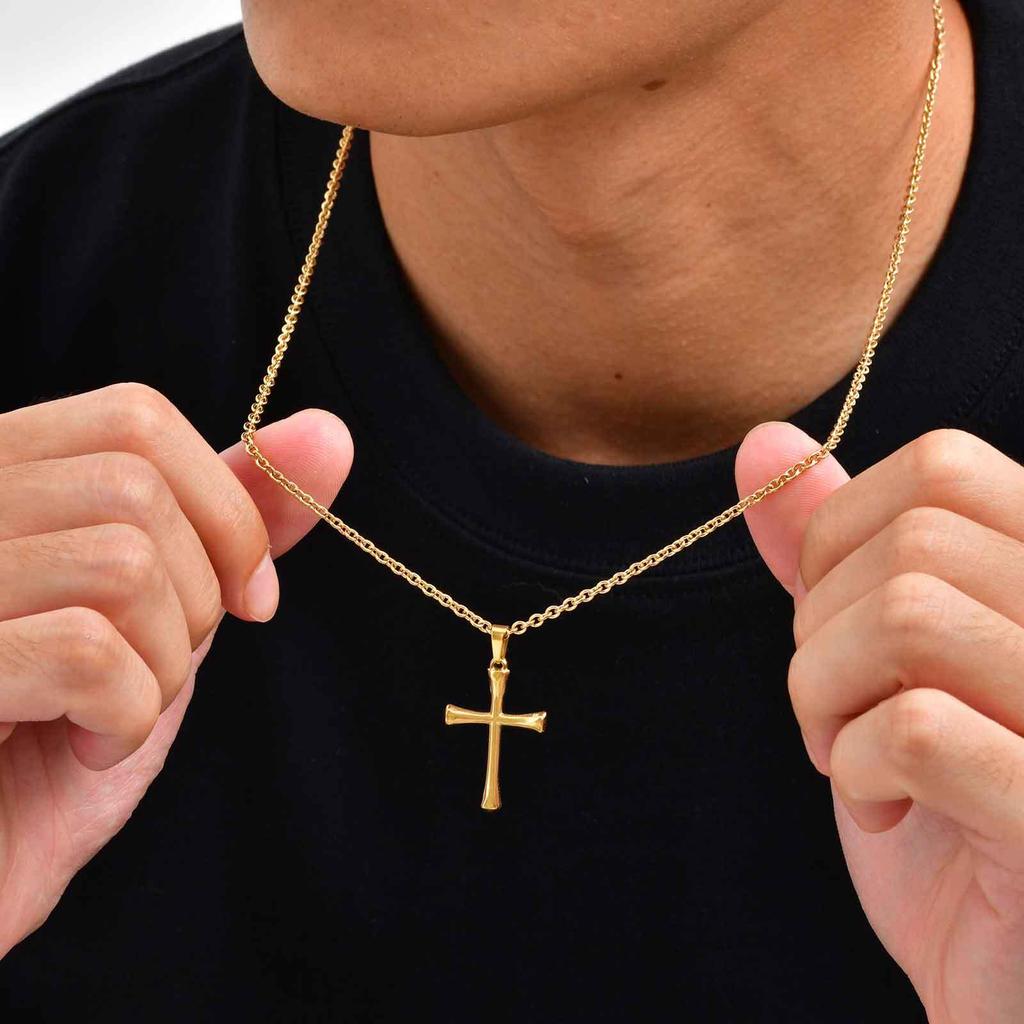 Simple Gold Color Cross Necklace for Men,Stainless Steel Cross Sweater Chain Jewelry Gift