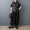 DIMANAF 2026 Plus Size New Spring Summer Blouse Short Sleeve Casual Shirt Women Loose Tops Shirts Cotton Black Print