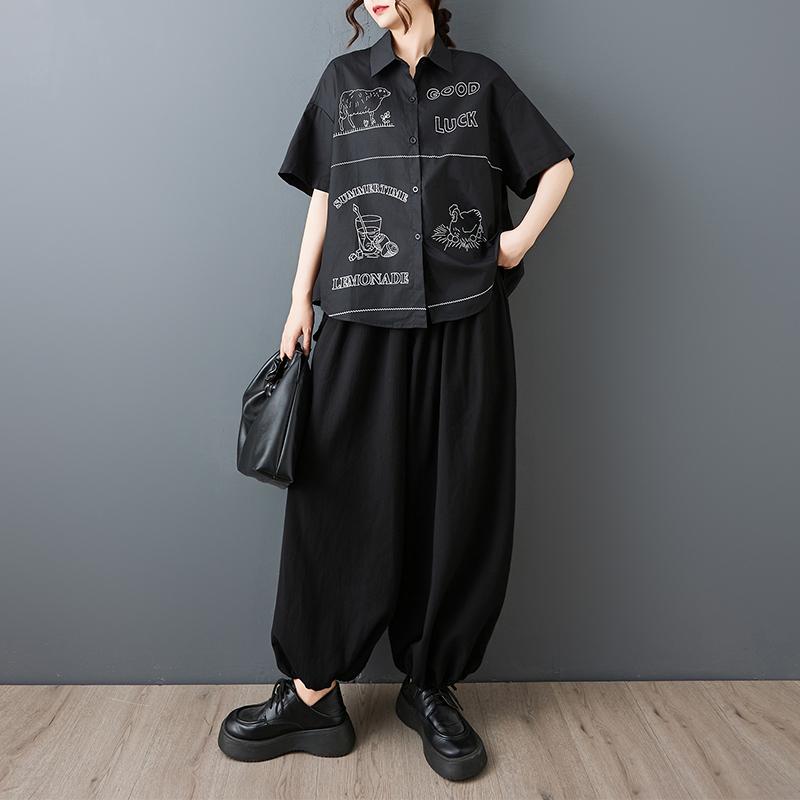 DIMANAF 2026 Plus Size New Spring Summer Blouse Short Sleeve Casual Shirt Women Loose Tops Shirts Cotton Black Print