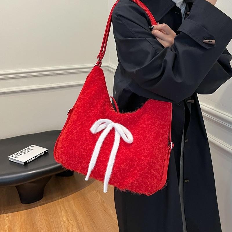 Red plush commuter tote bag women's large-capacity new bow shoulder bag backpack